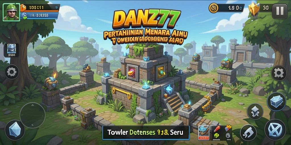 Screenshot gameplay <strong>DAN777</strong> yang menunjukkan pertahanan menara yang dramatis.