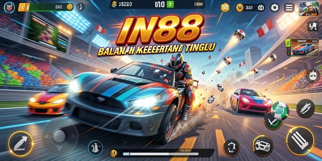 Tampilan balapan seru dengan mobil-mobil cepat di IN88.