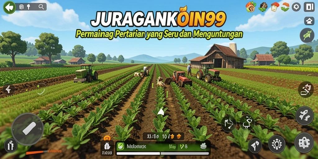 Screenshot menampilkan gameplay JURAGANKOIN99 dengan ladang yang subur.
