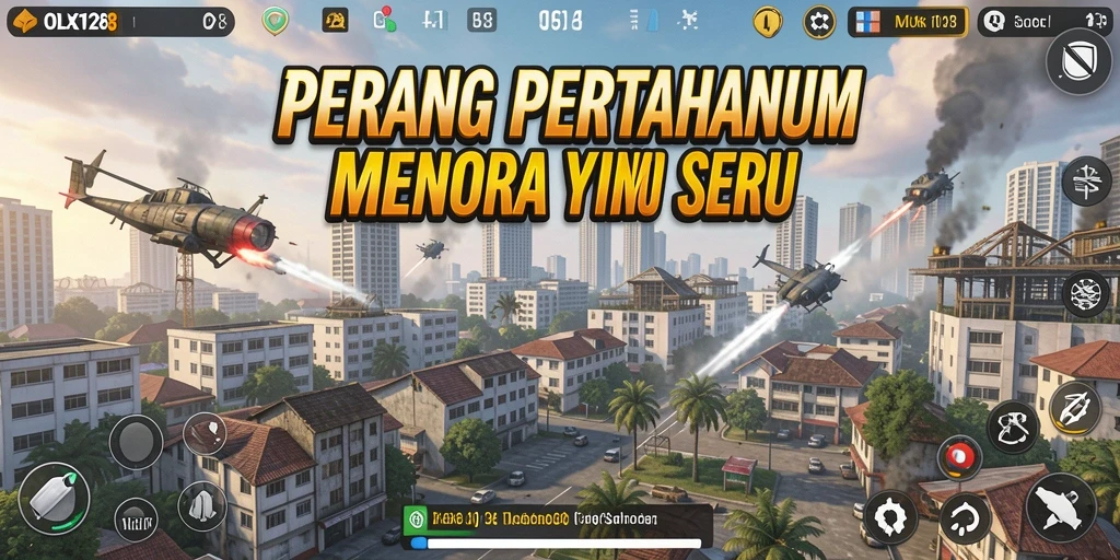 Tampilan gameplay OLX128 dengan menara dan musuh yang beragam.