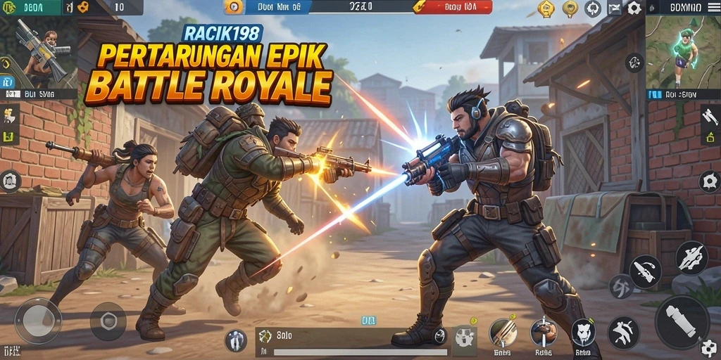 Screenshot permainan <strong>RACIK198</strong> menampilkan aksi menegangkan di arena Battle Royale.